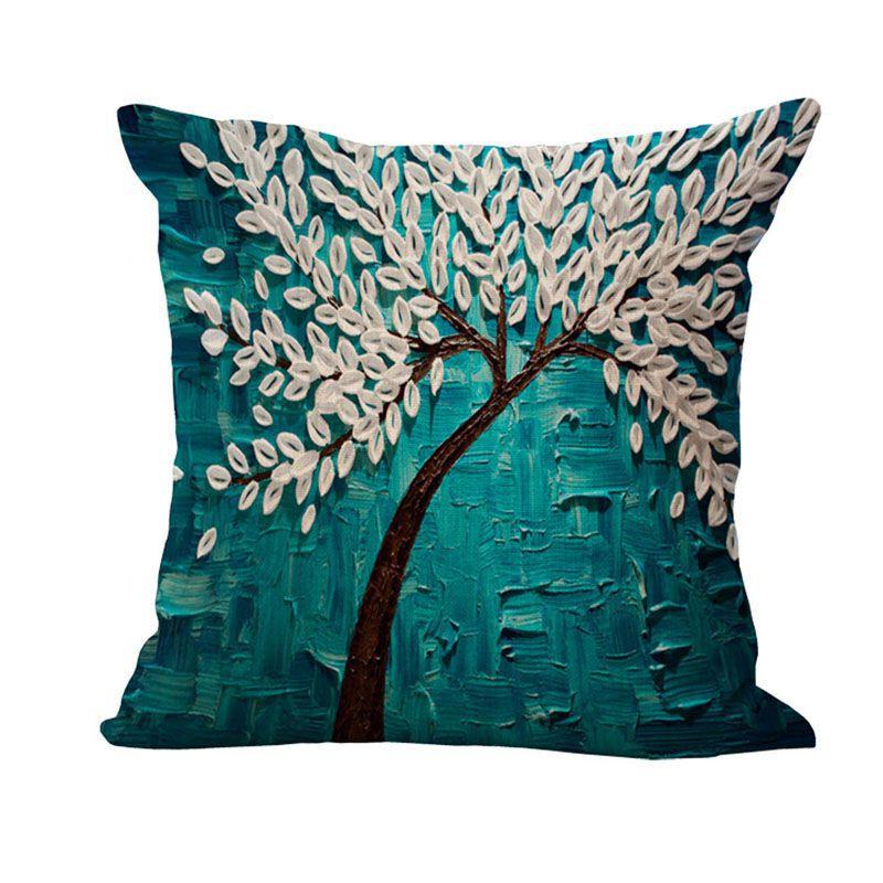 Luxuriöser 3D-bemalter Baum Blumen Kissenbezug aus hochwertigem Baumwollleinenstoff
