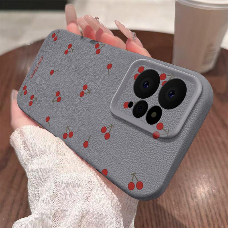 Little Cherry Print TPU Matte Leather Texture Slim Case For Xiaomi 13T Pro Poco X6 Redmi Note 14 Pro 13 12 11 Soft Shockproof Protection Phone Cover