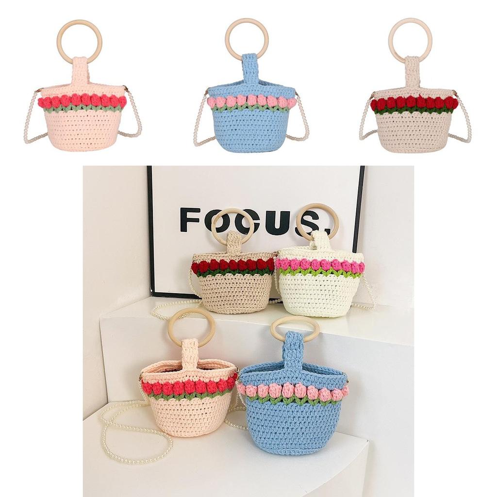 Handcrafted Knit Flower Small Pearl Handbag With Interior Pouch For Casual Outings