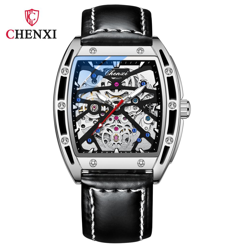 New TOP Brand Luxury Men's Watch With Box Men's Wine Barrel-shaped Hollow Automatic Leather Waterproof Men's Mechanical Watches