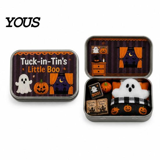 Halloween Candy Storage Mini Tin Box Gift, Plush Ghost with Haunted House Cabin Illustration Scene, Collectible Micro Theater Gift for Kids,