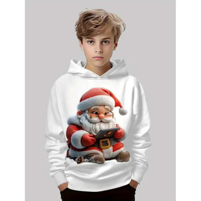Santa Claus Graphic Sweatshirts Harajuku Long Sleeve Pullover Hoodies for Kids Unisex White Tops Y2k Streetwear Sweatshirt