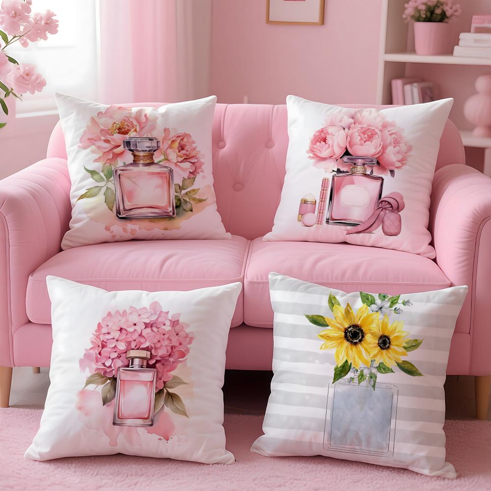 Flower Perfume Bottle Pillow Case Plush Fabric Soft Double-Sided Printed Sofa Warm Winter Home Gift Cushion Cover