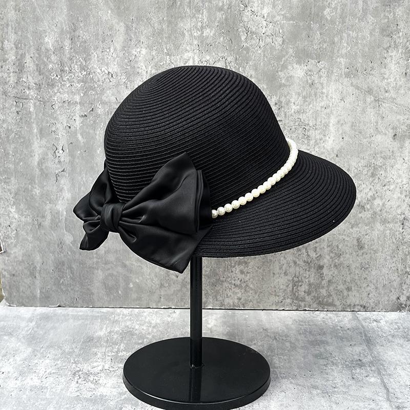 French Elegant Bow Pearl Straw Hat Women'S Beach Hat Big Brim Sun Hat Bucket Hat Top Hat