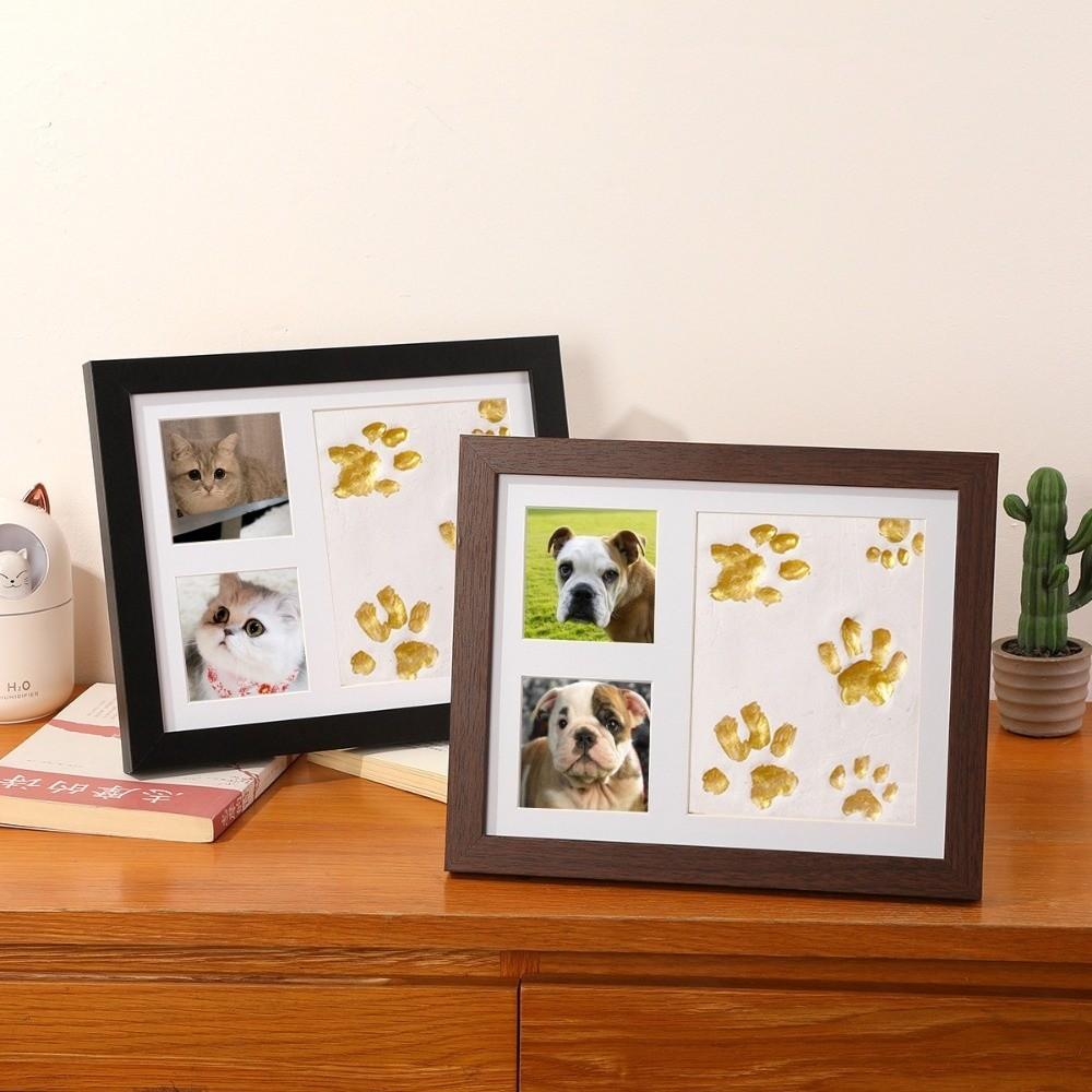 1 Set DIY Pet Paw Print Kit Frame Air Dry Clay Wooden Frame Cat Paw Print Frame Desktop Stand Non Toxic Clay