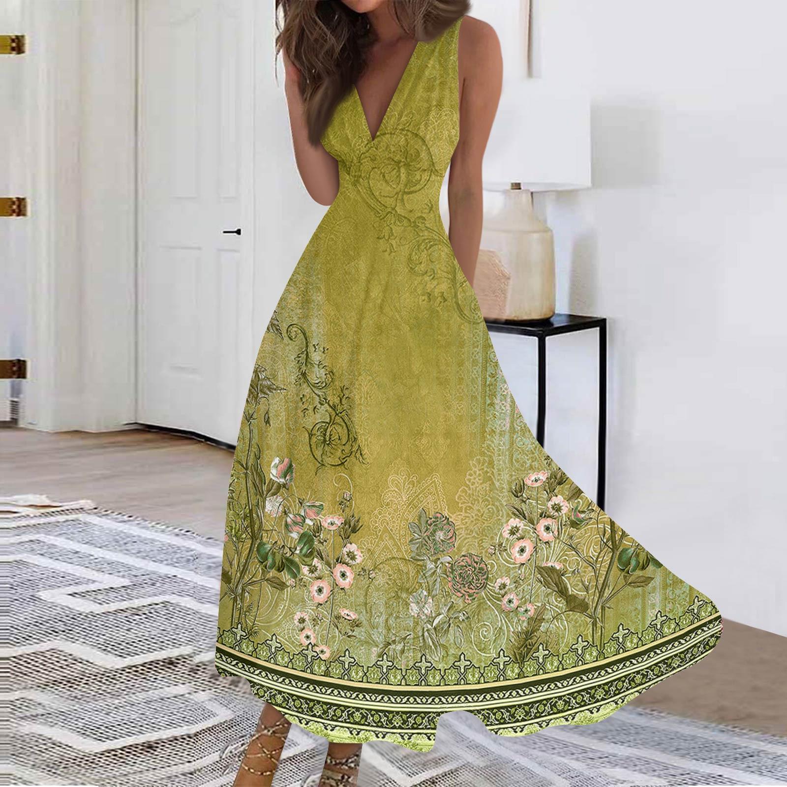 

Женские модные повседневные свободные платья с V-образным вырезом без рукавов с принтом XL жёлтый