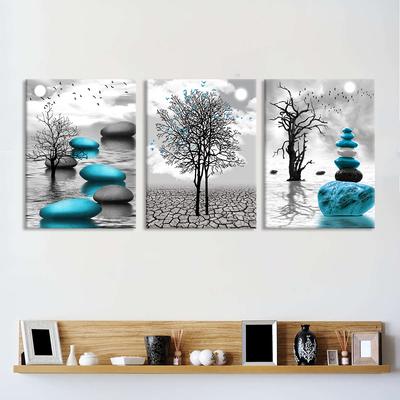 Modern Black and White Landscape Canvas Painting Blue Zen Stone Posters and Prints, Tree Art for Living Room Decoration Unframed