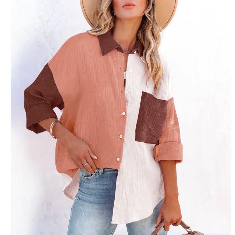 Women's Cotton Linen Color Block Loose Fit Long-sleeved Shirt - Elegant Drop Shoulder Design