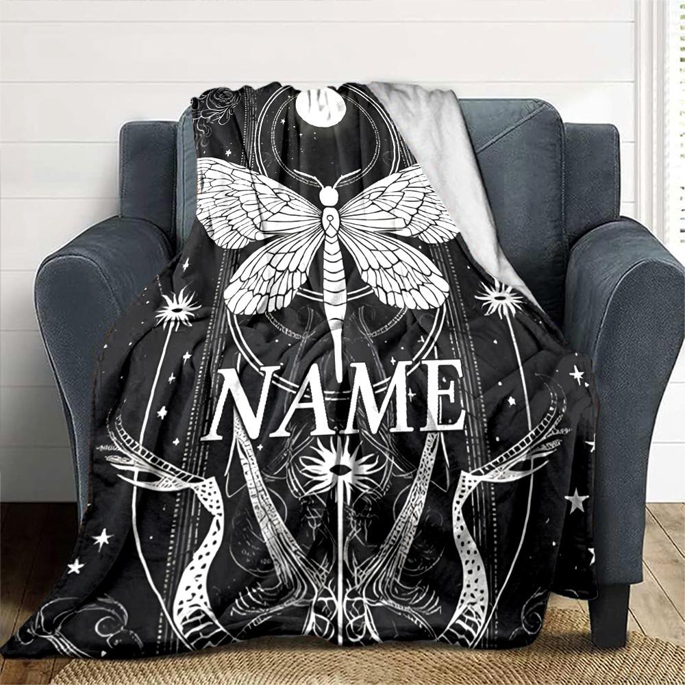 Mystic Moth Under Moonlight Lightweight Personalized Blanket Customize Text Comfortable For Sofa Couch Office Bed Picnics Four Seasons Universal