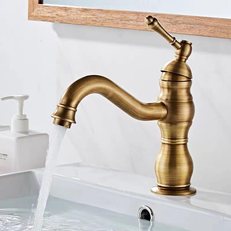 Antique Basin Faucet Brass Single Handle 360 Rotation Deck Mounted Bathroom Basin Faucet Hot Cold Mixer Tap Vessel Sink Crane