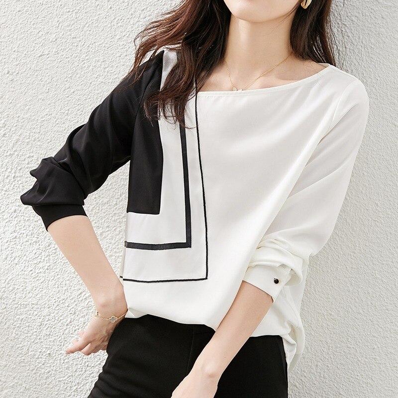 

Повседневные корейские свободные блузки с длинным рукавом с винтажным принтом, косой воротник, офисные женские шифоновые рубашки, женские модные лоскутные топы 19243 XXL белый