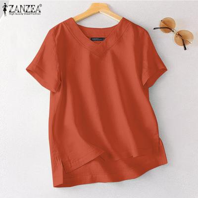 Camicetta estiva da donna in cotone con scollo a V, manica corta, casual