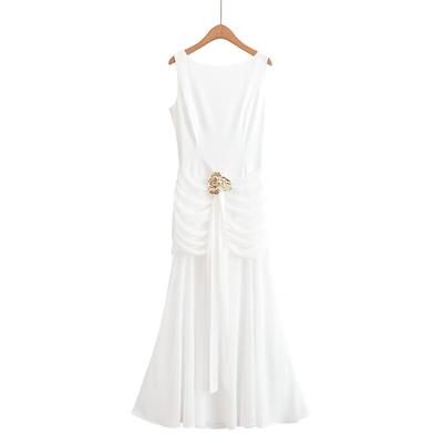 French Metal Flower Backless Ruched Sexy Maxi Dress Women Vintage Fashion Sleeveless Backless Bodycon Club Party Dresses Elegant