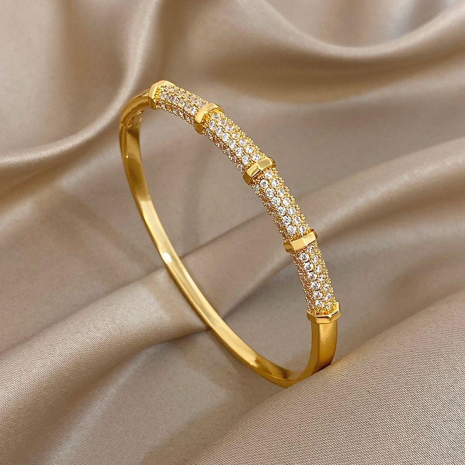 Luxury Bamboo Inlaid Zircon Smooth Bracelet for Women Fashion Gold Plated Copper Cuff Bangle Bracelets Waterproof Jewelry