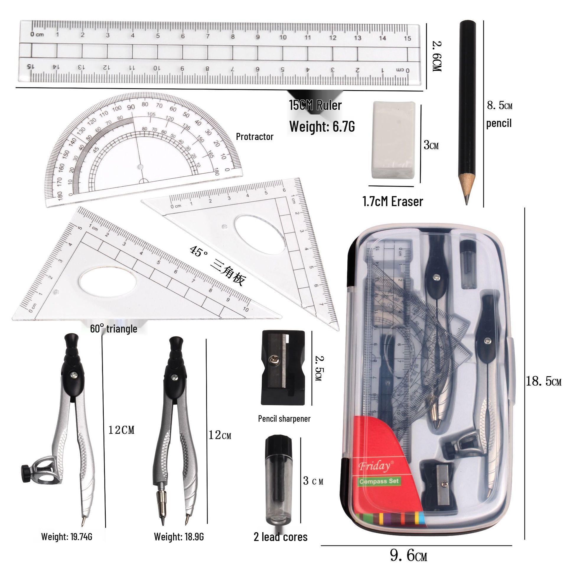 Foreign Trade Cross-Border Student 10-Piece Geometry Set: Metal Compass & Drawing Tools. небесно-голубой