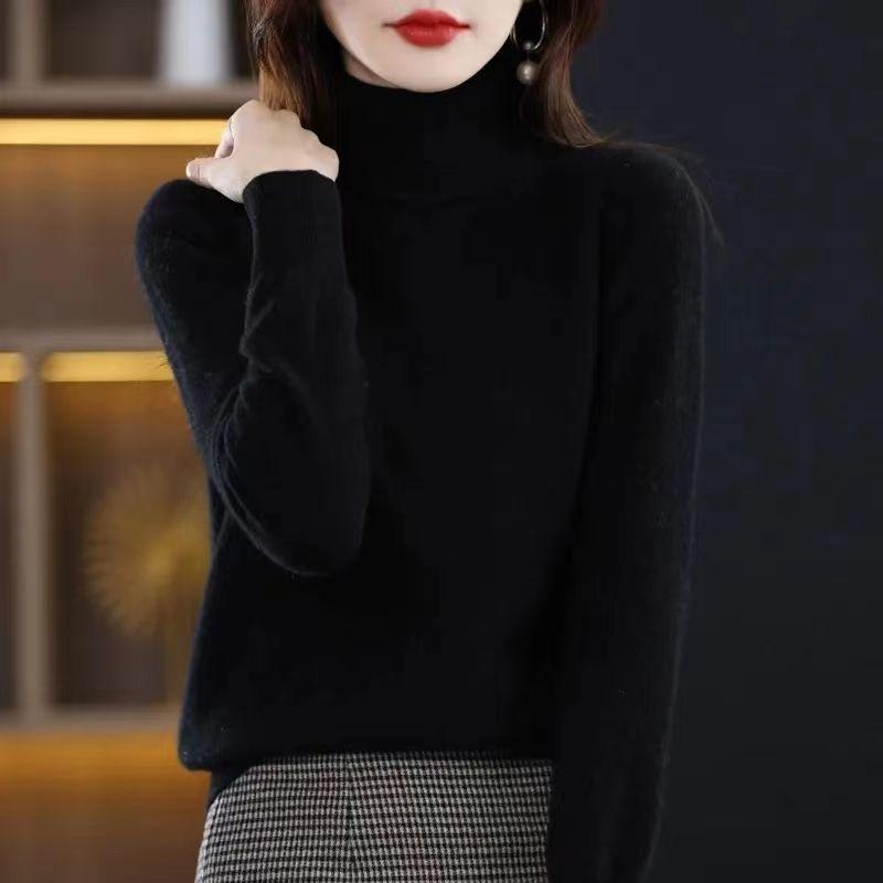 Winter Sweater Long Sleeved Knitted Sweater Solid Color Versatile Temperament Women's Base Shirt