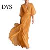 Daily Wear Dress Women V- Neck Long for Summer Autumn, Solid Color Tie Casual Waist A-Line Dress, Half Sleeves Swing Maxi