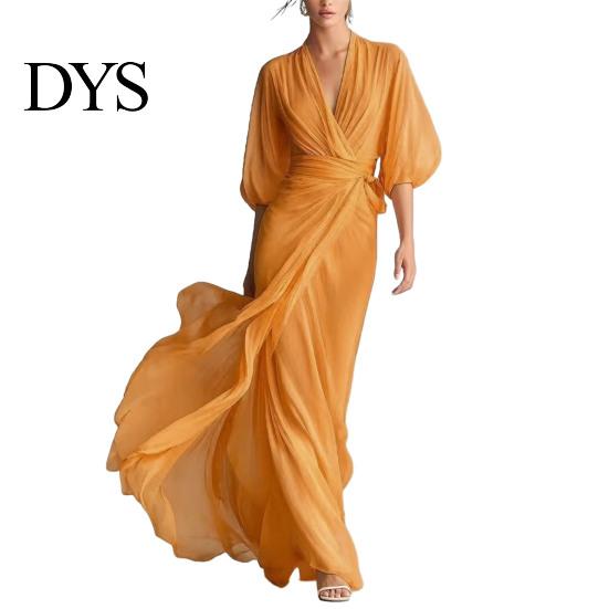 Daily Wear Dress Women V- Neck Long for Summer Autumn, Solid Color Tie Casual Waist A-Line Dress, Half Sleeves Swing Maxi