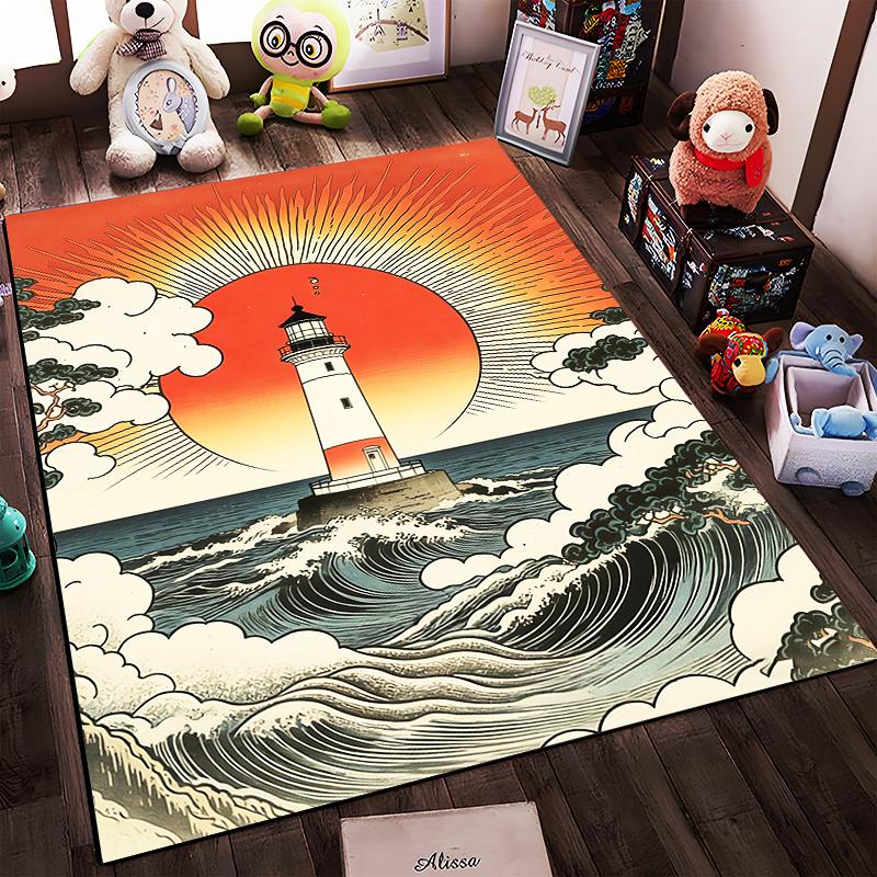 Lighthouse Sunrise Scene Carpet with Ocean Waves and Cloud Design Suitable for use as an anti-slip for living room bedroom sofas
