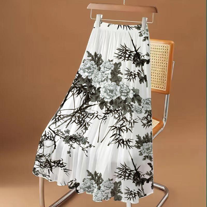 Abstract Ink Brush Printed Midi Skirt With Stretch Fabric For Plus Size Women