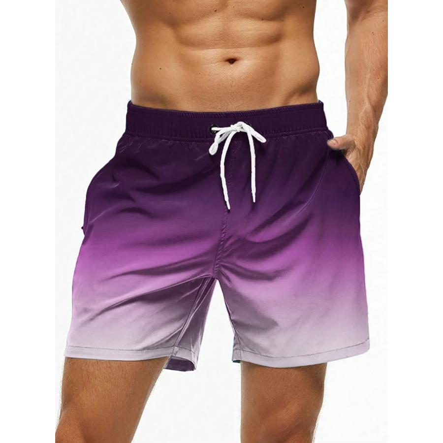 Men's Beach Shorts Gradient Color Block Drawstring Summer Men's Swim Trunks Elastic Waist 3D Print Breathable Short Streetwear