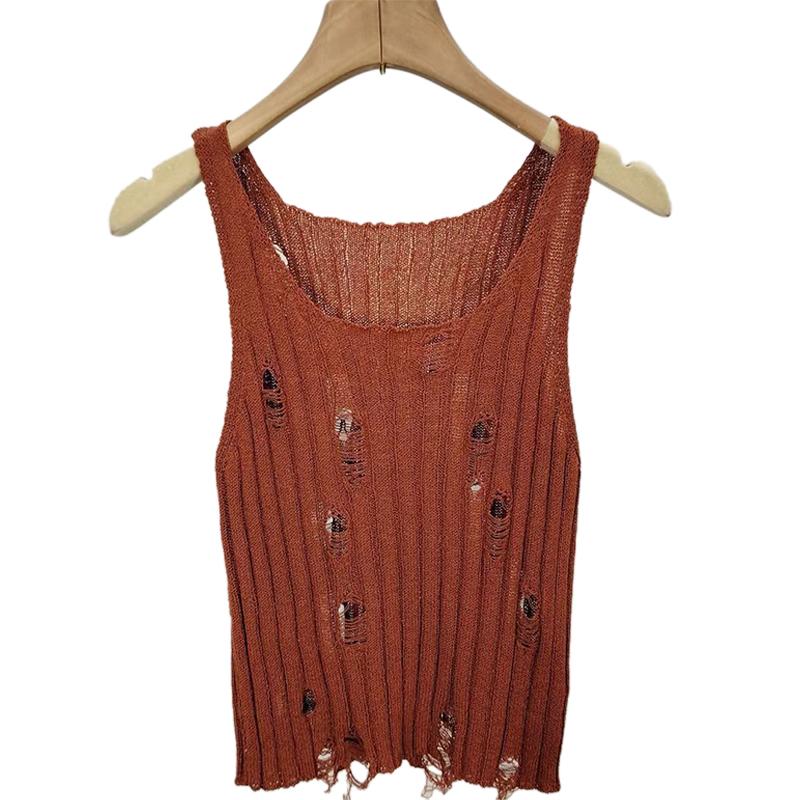 American Hot Girls Sexy Hollow Ripped U-Neck Sleeveless Solid Color Slim Knitted Vest