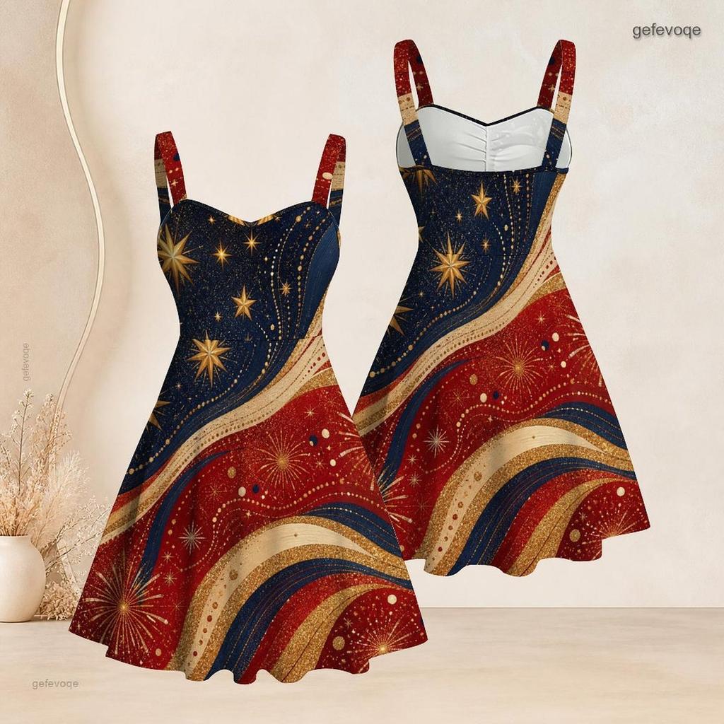 Women Plus Size Spaghetti Strap Off Shoulder Dress Glitter Wave Star Firework Holiday Print Swing Dress