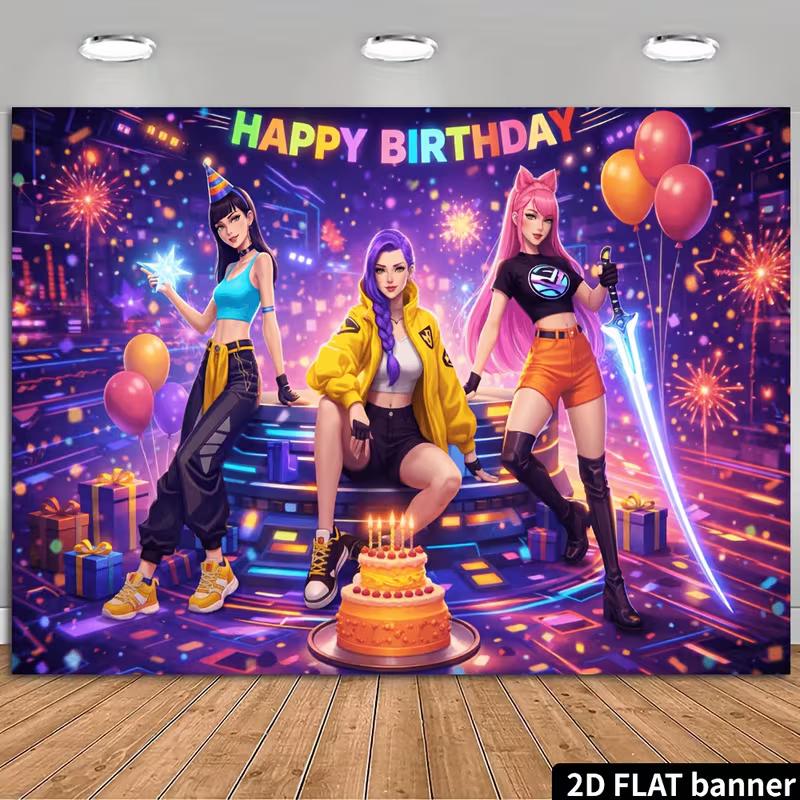 

2D Flat Printing Anime Birthday Backdrop, Neon Cyberpunk Party Background 47.2x31.5inch/120*80cm