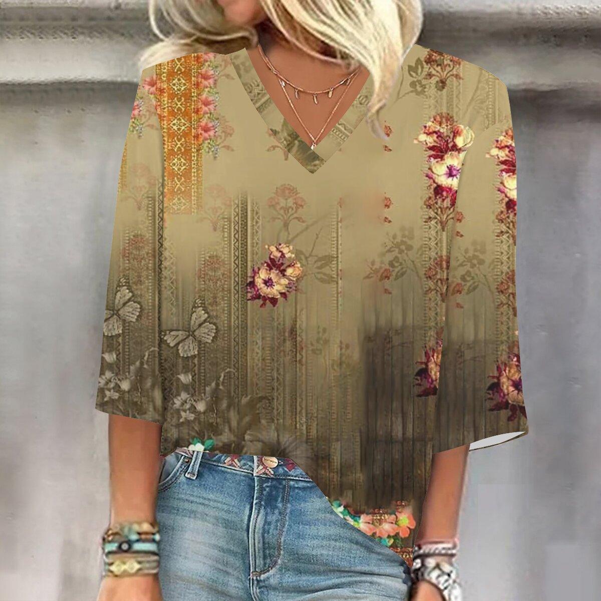 

2023 Весенне-осенний новый модный топ с рукавом 3/4 и принтом