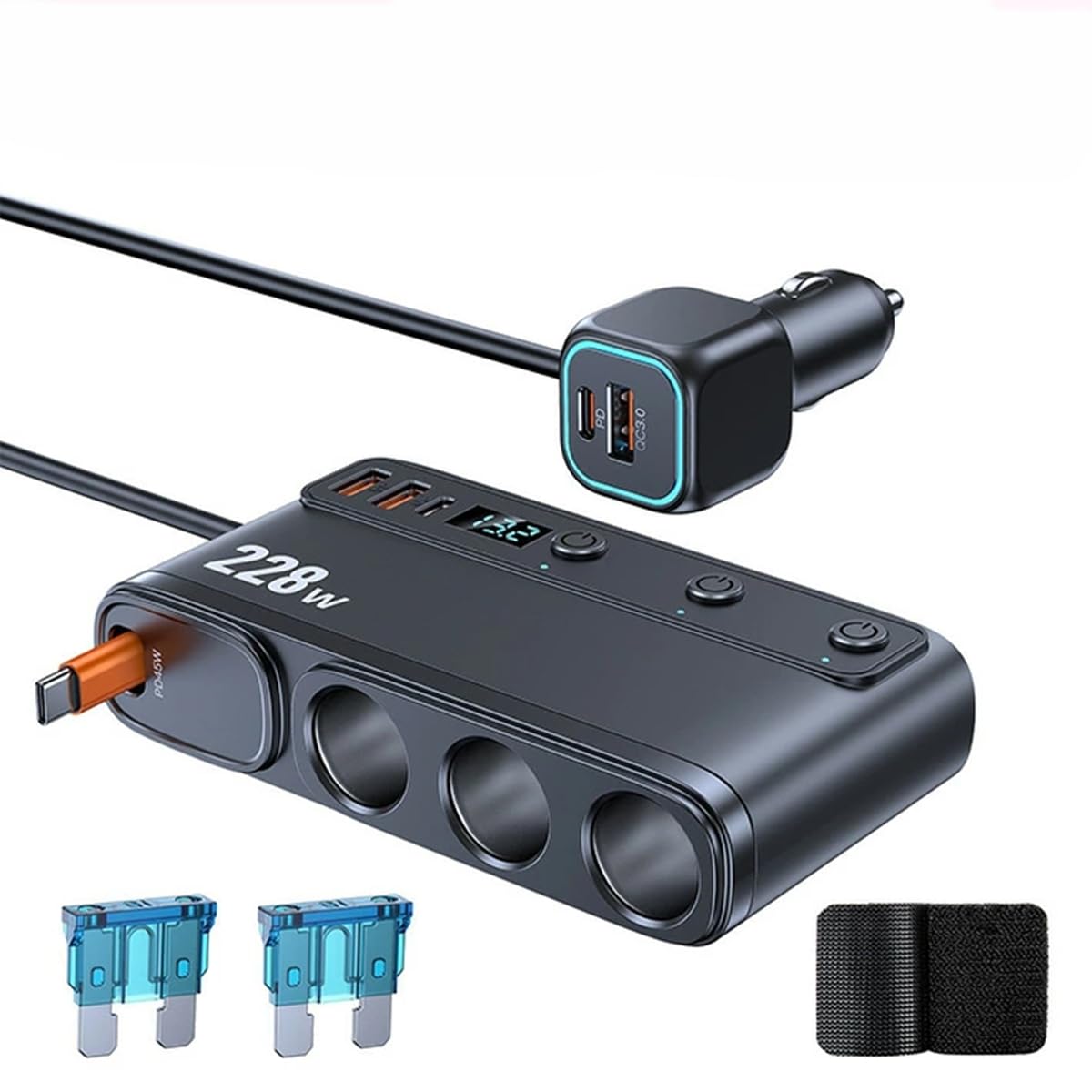 

WL JUST Car 228W Triple Cigarette Lighter Socket Charges 9 Devices USB Fast Dual Multiple Independent Compatible with 1m Japanese Instruction Manual