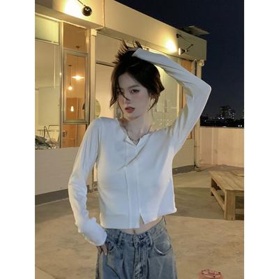 Pure Sexy Hot Girl White Shoulder Long-sleeved T-shirt for Women with Niche Design Pure Cotton Slim Fit Short Autumn Top