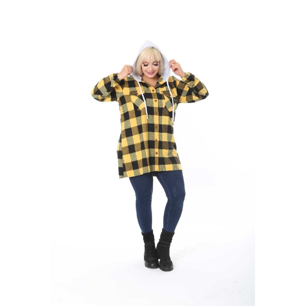 Large Size Cotton Lycra Hooded Shirt With Elastic Sleeves Buttons And Pockets Loose Cut Long Plaid Lumberjack Shirt
