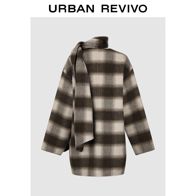UR 2025 Winter Women's Scarf Collar Plaid Coat