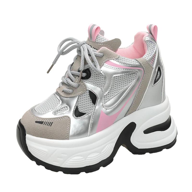 

Мода 2024 Весна и Осень Модные Спортивные Туфли Женские на Высоком Каблуке с Круглым Носком, Цветным Блоком, Удобные, Дышащие, на Шнуровке 39