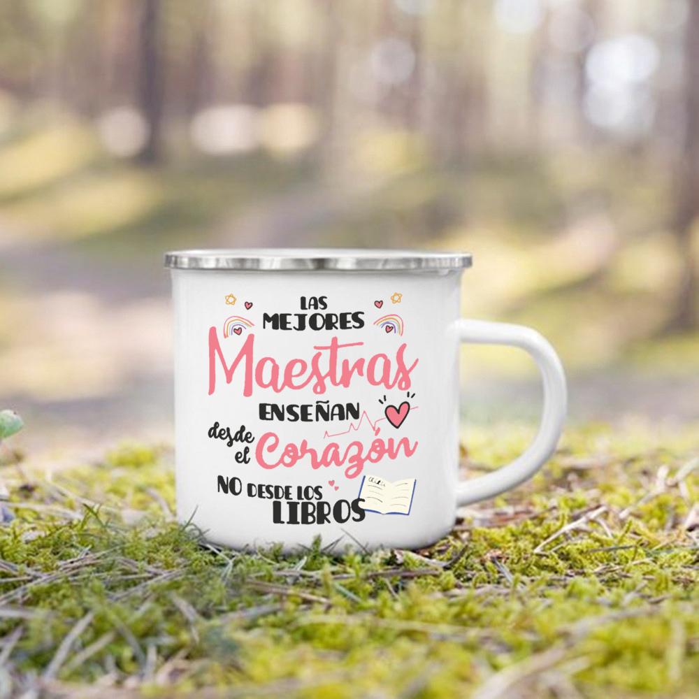 Best Teacher in The World Spanish Printed Mug Creative Coffee Cups Drinks Enamel Cup Vintage Handle Drinkware Gifts for Teacher
