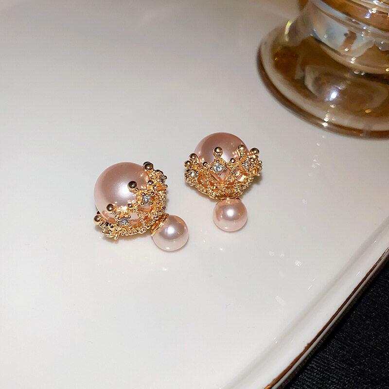 Faux Pearl Two-sided Shell Zircon Earring Elegant Fashion Women Shiny Crystal Imitation Pearl Handmade Earrings Party Jewelry Gift