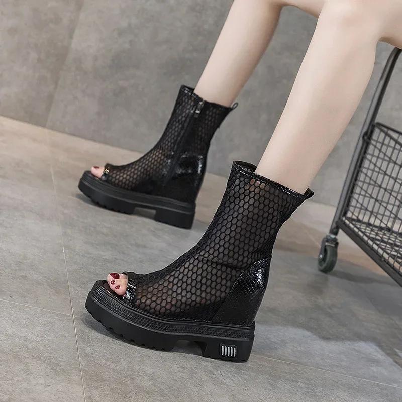 Cizme de vară 2024, cu plasă, pentru doamnă, pantofi cu lift confortabil, cu platformă până la genunchi, sandale cu fermoar cu vârf rotund pentru femei