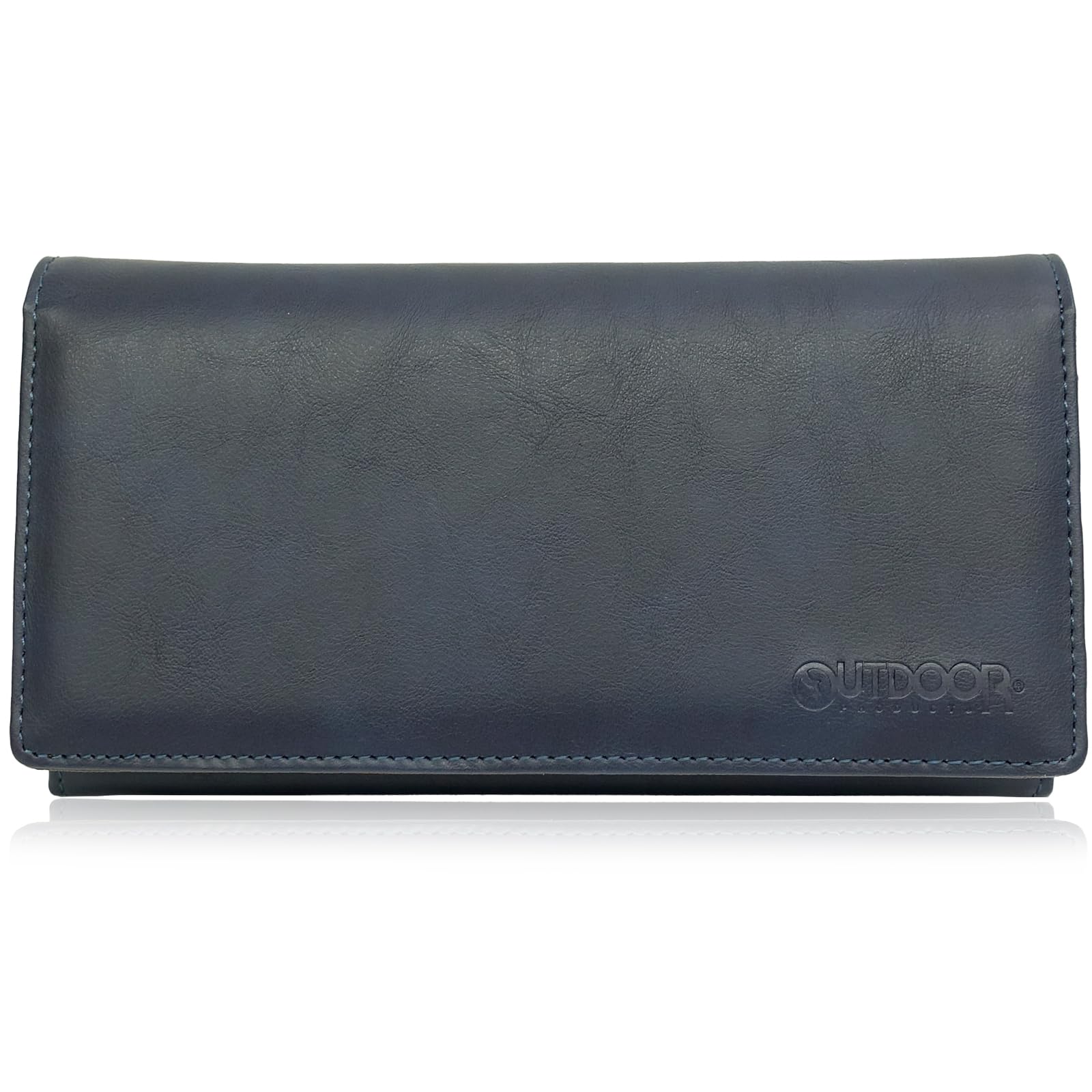 

Outdoor Products Long Wallet with Black Stitching, Embossed Logo Plate, Synthetic Leather, Card Slots, Bill Slots, and Coin Purse, 22469103, Navy