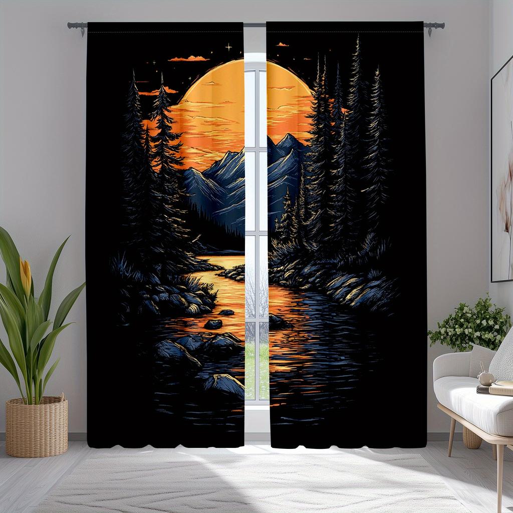 2pcs Vintage Mountain Sunset Curtains   Nature Theme Oil Painting Window Drapes for Room Decor