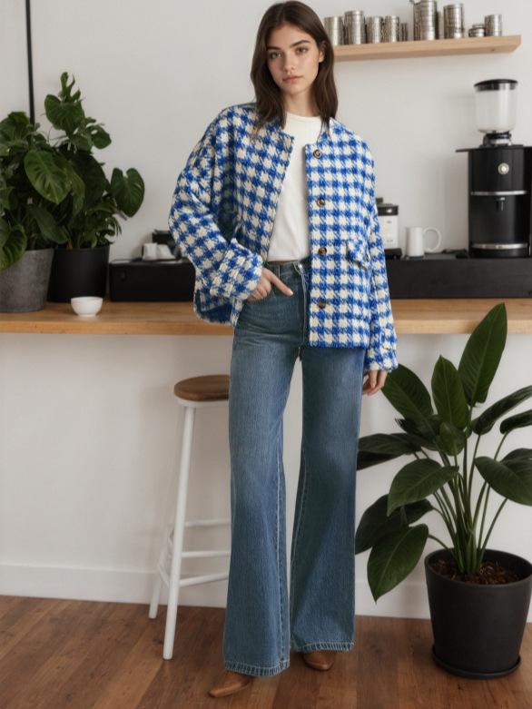 Damen Kurzer Hahnentritt-Mantel - Herbst/Winter 2025 Europäischer & Amerikanischer Stil, Lockere Passform, Lässige Mode