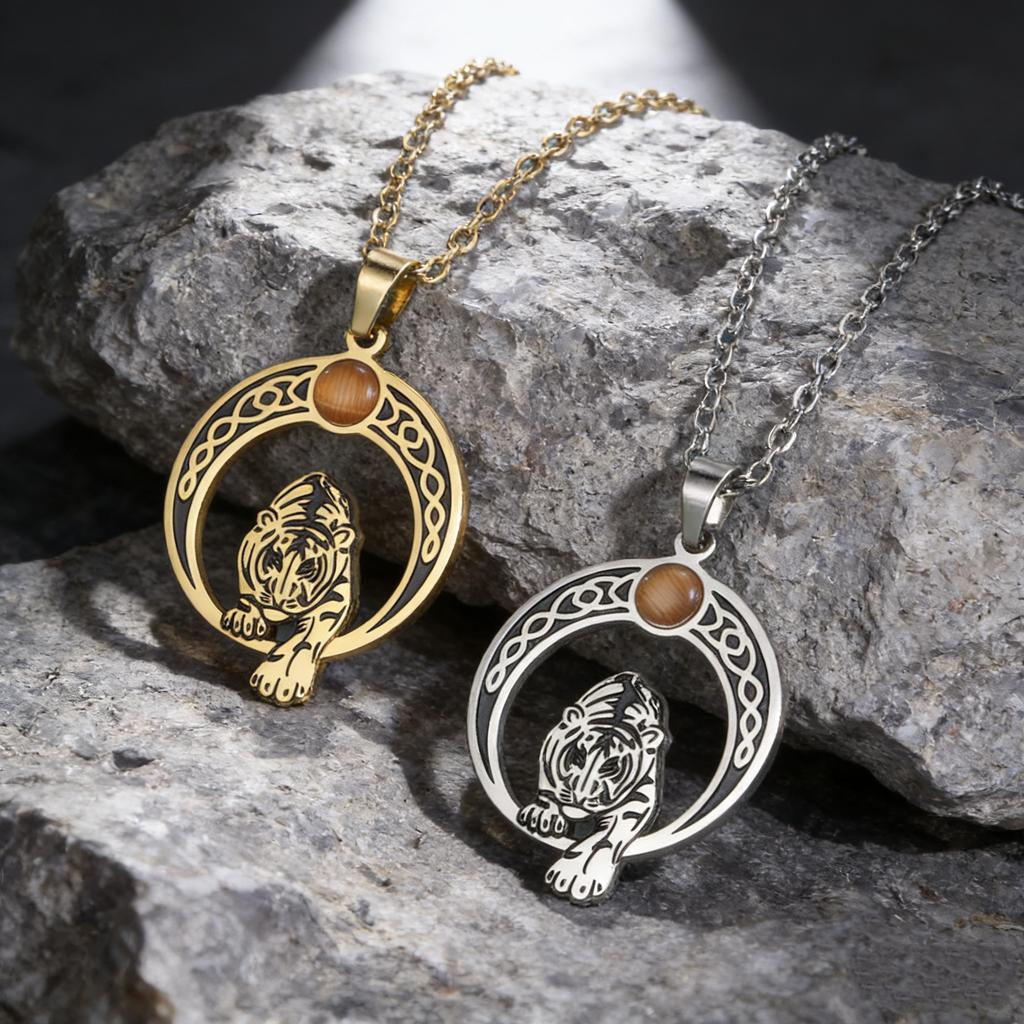 LIKGREAT Vintage Crescent Knot Tiger Necklace Stainless Steel Pendant Necklaces Gothic Punk Amulet Jewelry Gift for Men Women