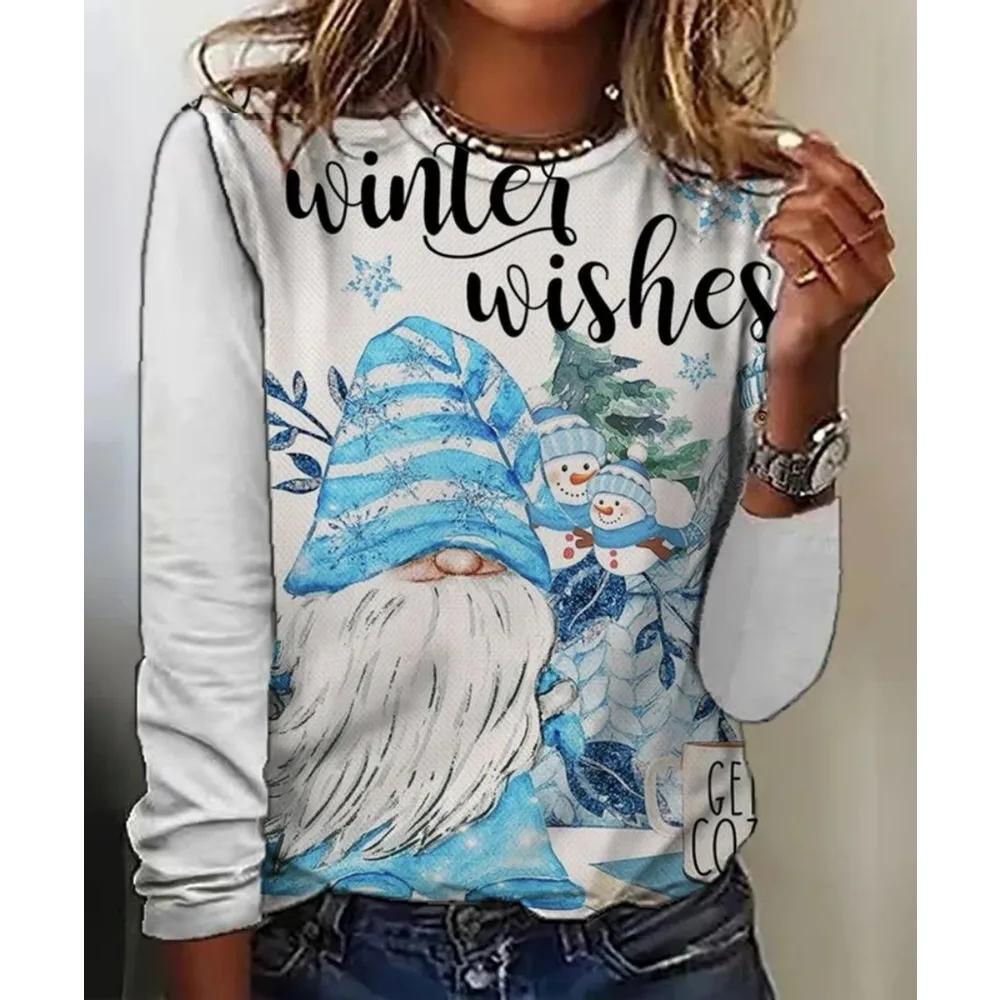 Women's Santa Printed Versatile T-Shirt Casual Short Sleeve Daily Comfort Pullovers Long Sleeves Women’s