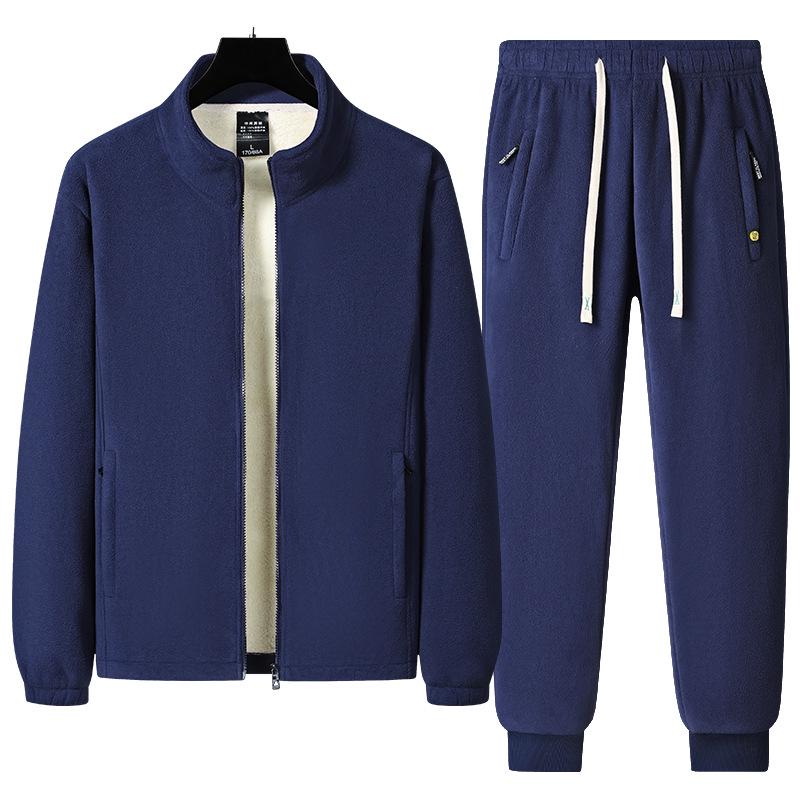 Men's Warm Winter Two-Piece Set: Stand-Collar Lambswool Fleece Jacket and Casual Pants.