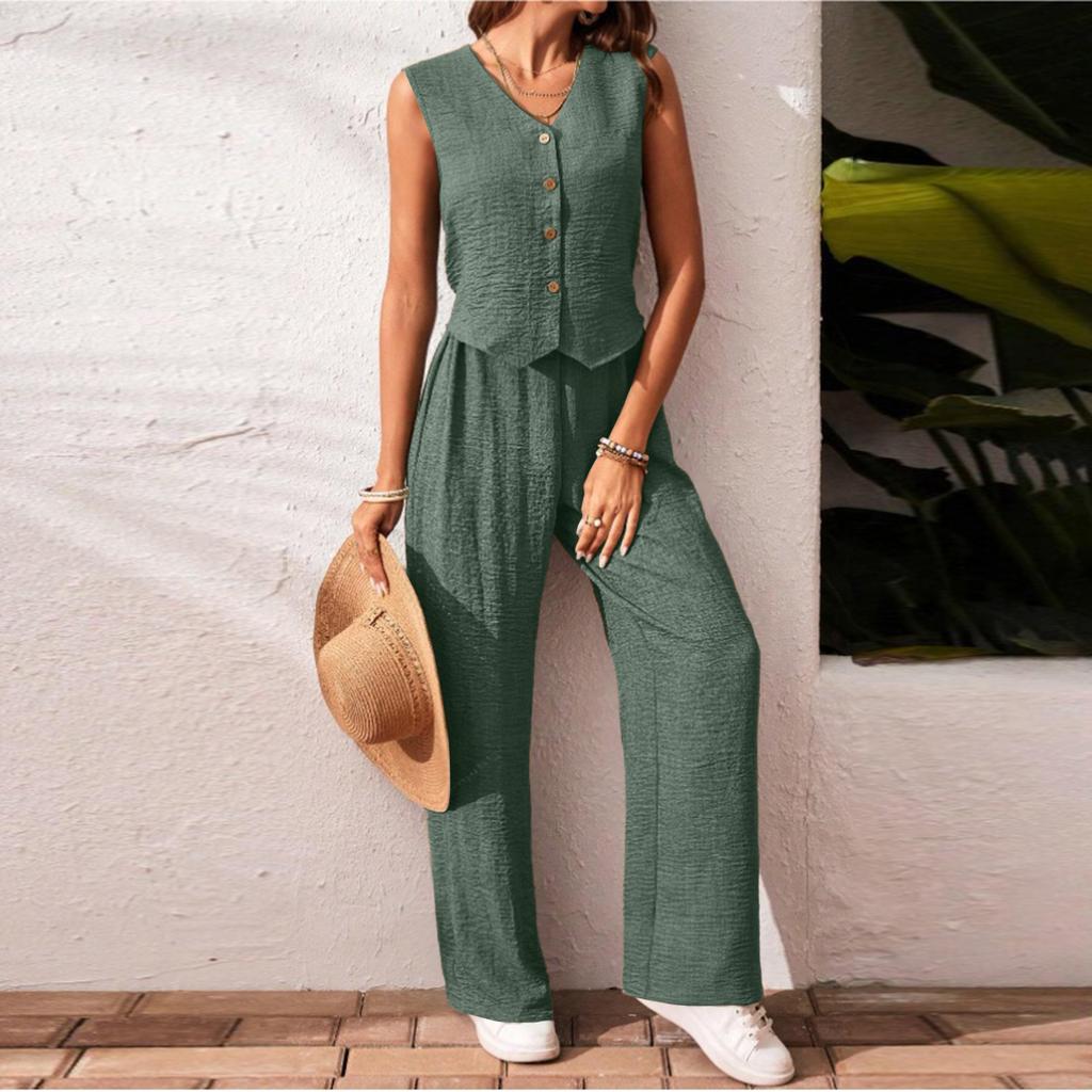 Women's Casual V-Neck Vest Linen-Cotton Blend Set