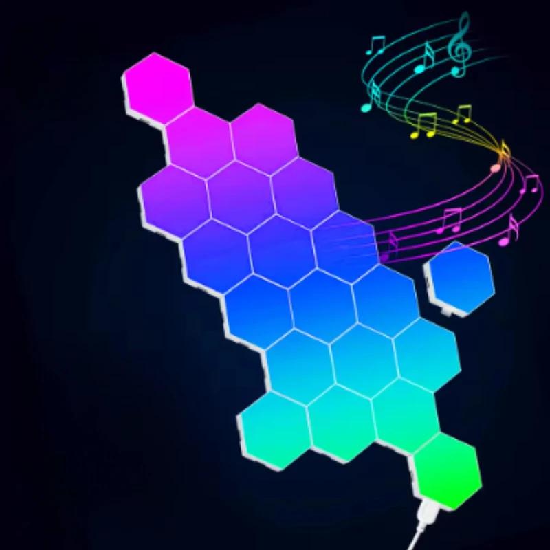 RGB Smart Hexagonal Wall Lamp Color Changing Ambient Night Light DIY Shape Music Rhythm APP For Game Room Bedroom Intelligent