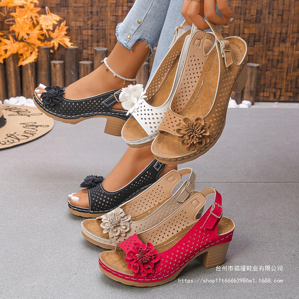 Large size flower high-heeled sandals for women 2025 summer new European and American foreign trade fashion casual thick-heeled sandals for women