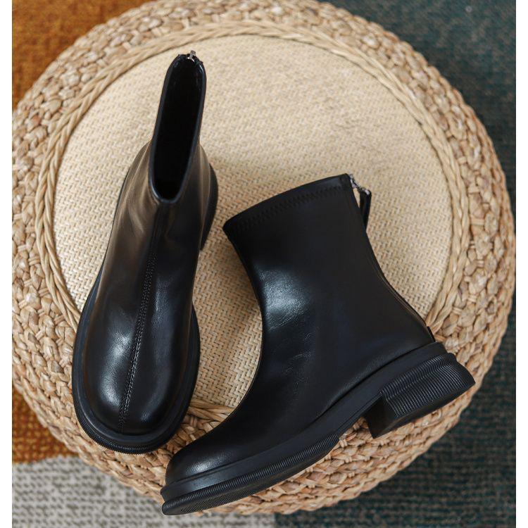 

Elastic Skinny Women s Chelsea Boots: Black Genuine Leather, Thick Sole, Height-Enhancing, Retro British Style Ankle Boots for Autumn and Winter. 37