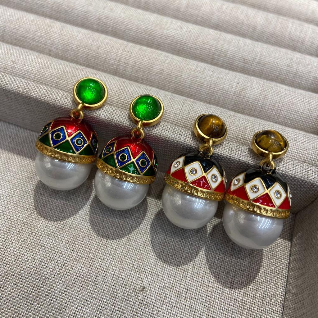 Original Retro Court Style Drip Oil Enamel Chinese Earrings Pearl Earrings, High-End Sense Light Luxury Temperament Medieval Earrings