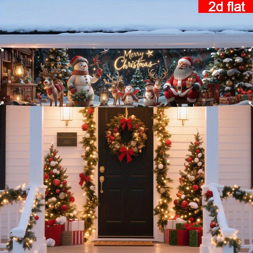 Santa Claus & Snowman Themed Christmas Banner, Outdoor Polyester Fence Garden Holiday Decor