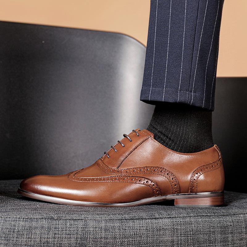 British Brock engraved men's shoes leather breathable brown business large size men's formal leather shoes wedding shoes breathable increase